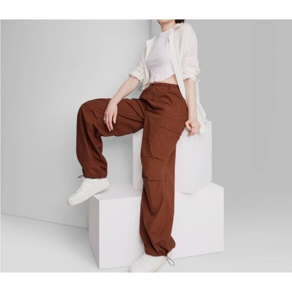Wild Fable Brown Parachute Pants Mid Rise baggy Drawstring Pull On XS - Picture 3 of 10